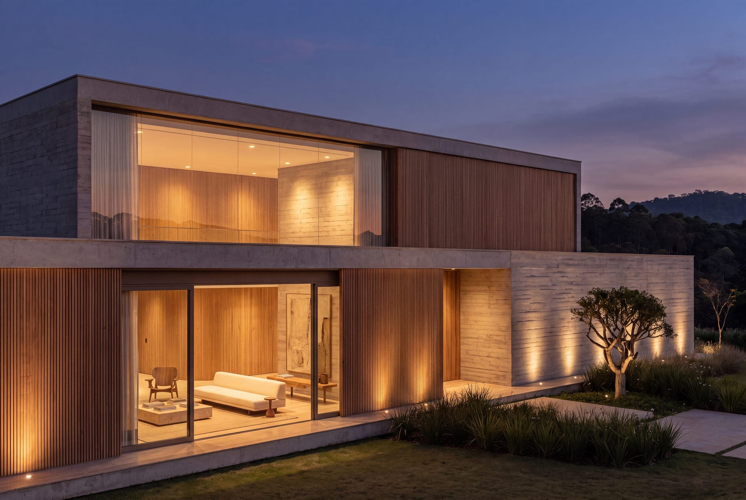 Fachada de residência contemporânea ao entardecer, com iluminação arquitetônica acesa e linhas horizontais limpas.