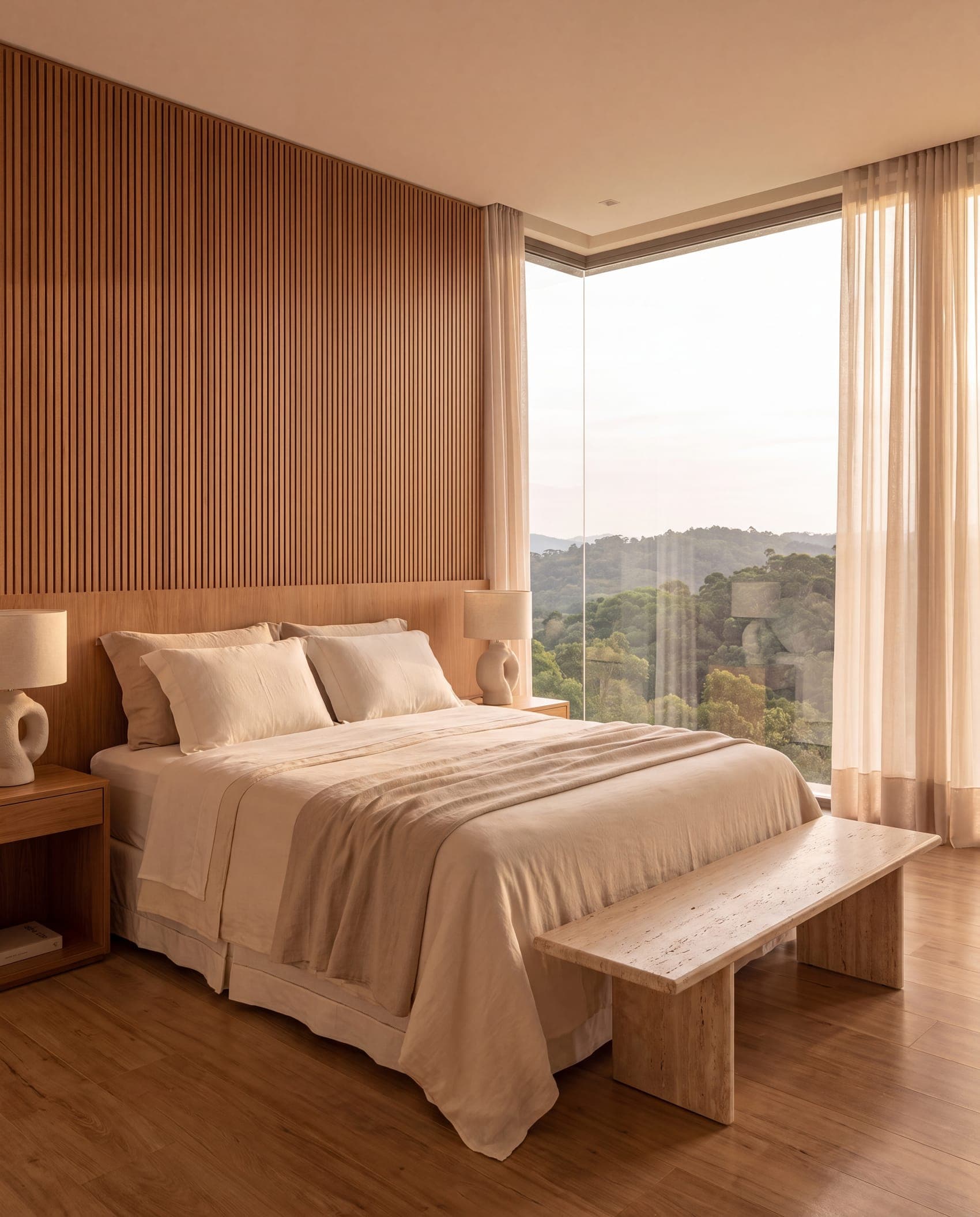 Suíte master ampla com roupa de cama em linho claro e janela de canto com vista para as montanhas.