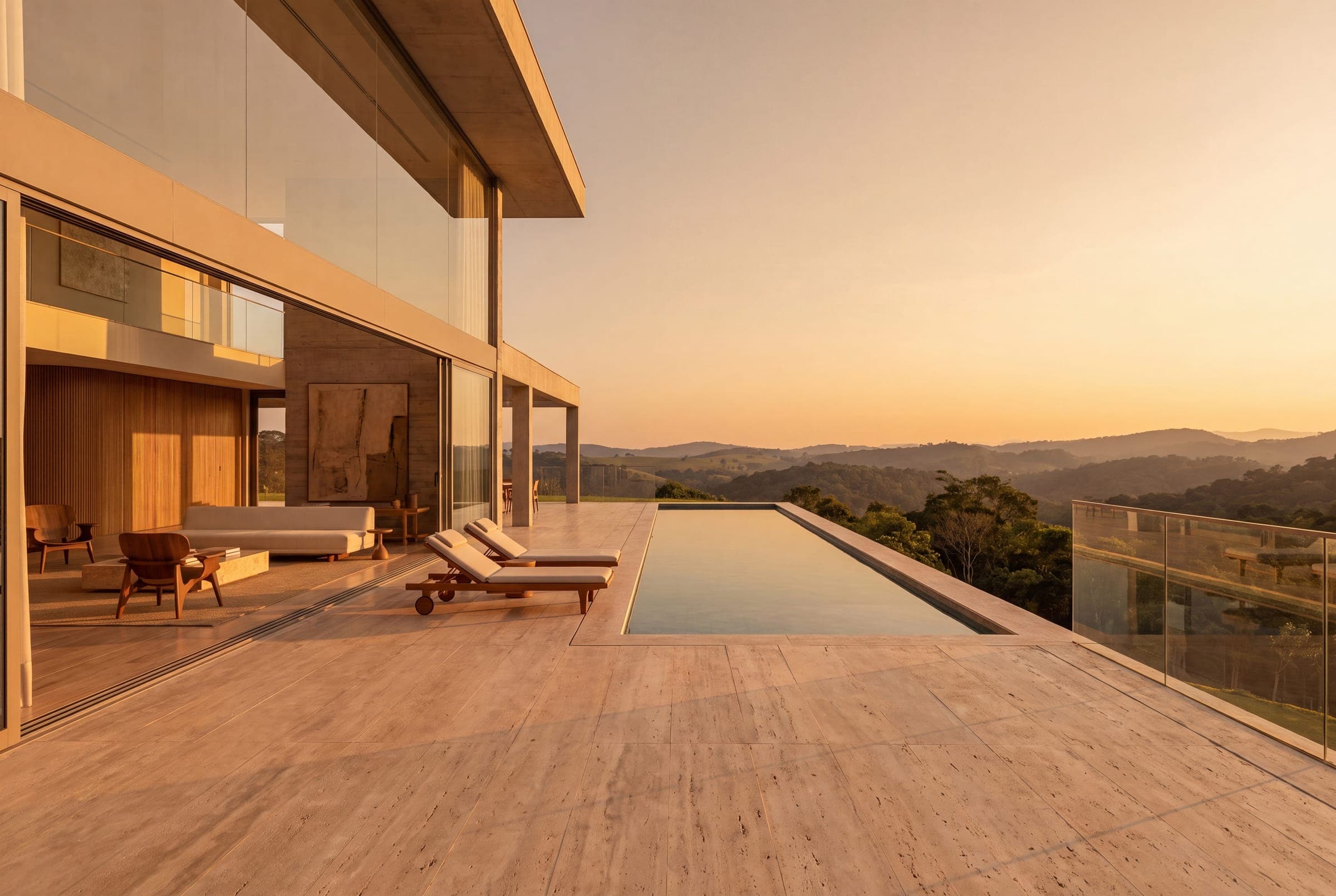 Piscina de borda infinita ao entardecer, com deck de travertino e vista para colinas arborizadas.